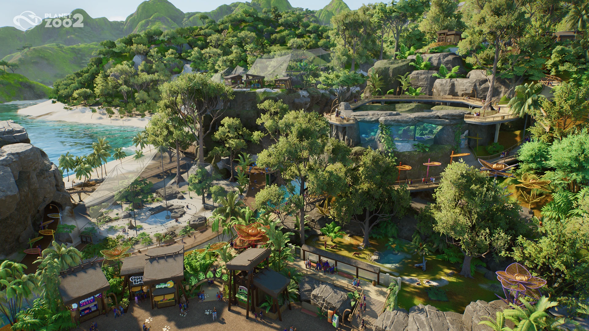 Paths, shops and habitats fill a tropical zoo built in Planet Zoo 2.