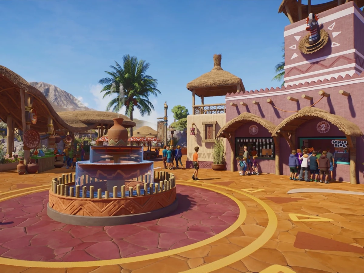 A decorated plaza with shops and visitors in Planet Zoo 2.
