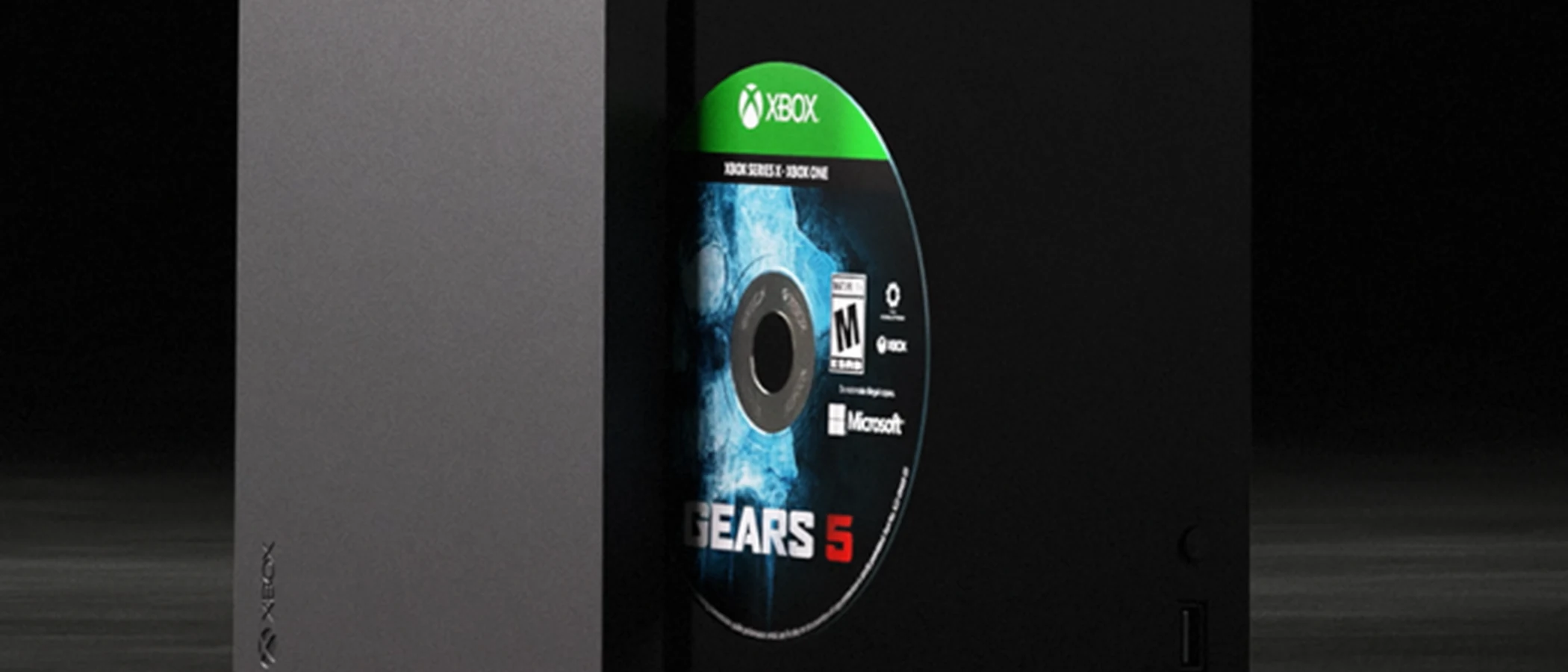 An Xbox Series X console with a Gears 5 disc beside its optical drive.