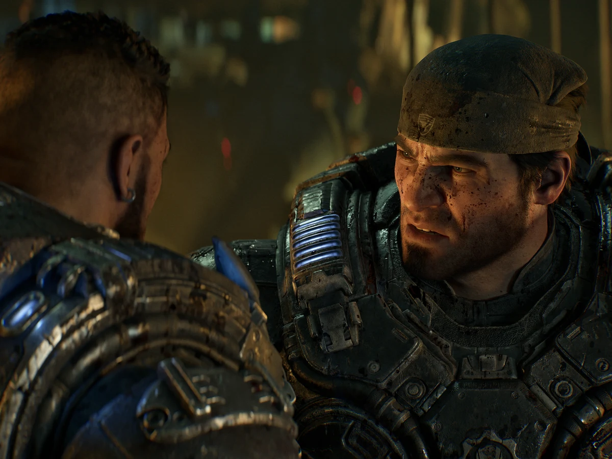 Marcus Fenix and Dominic Santiago face each other in an official Gears of War: E-Day campaign image.
