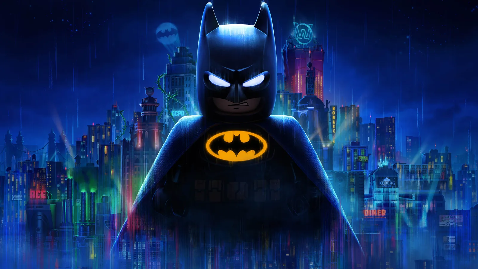 LEGO Batman stands in front of Gotham's rain-soaked skyline and a glowing bat signal