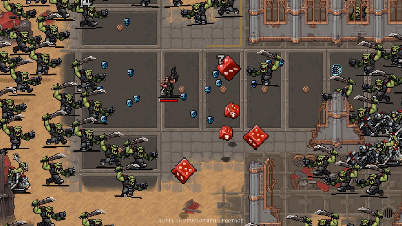 Orks converge from both sides of a metal corridor littered with red dice