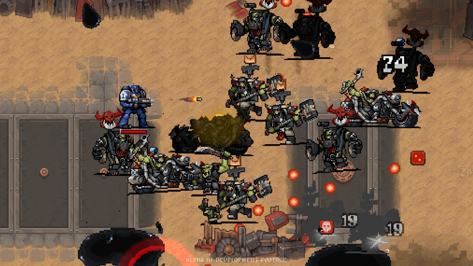 A Space Marine stands amongst Orks and black impact effects near metal flooring