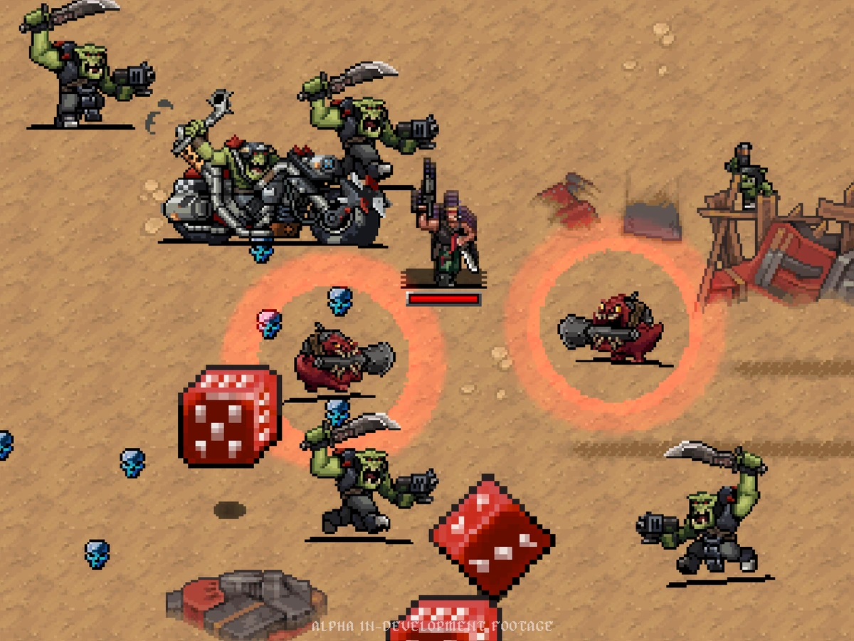 A blue-armoured Space Marine surrounded by Orks and red dice on a sandy battlefield