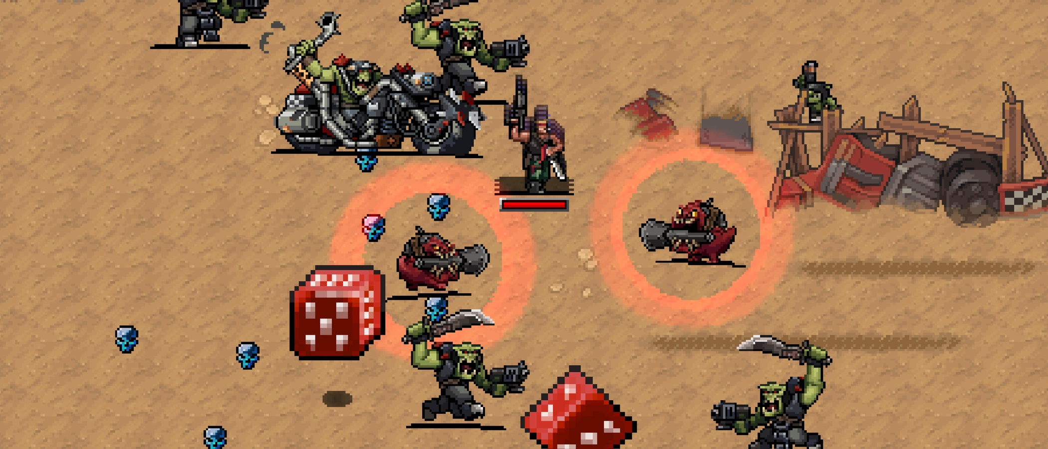 A blue-armoured Space Marine surrounded by Orks and red dice on a sandy battlefield