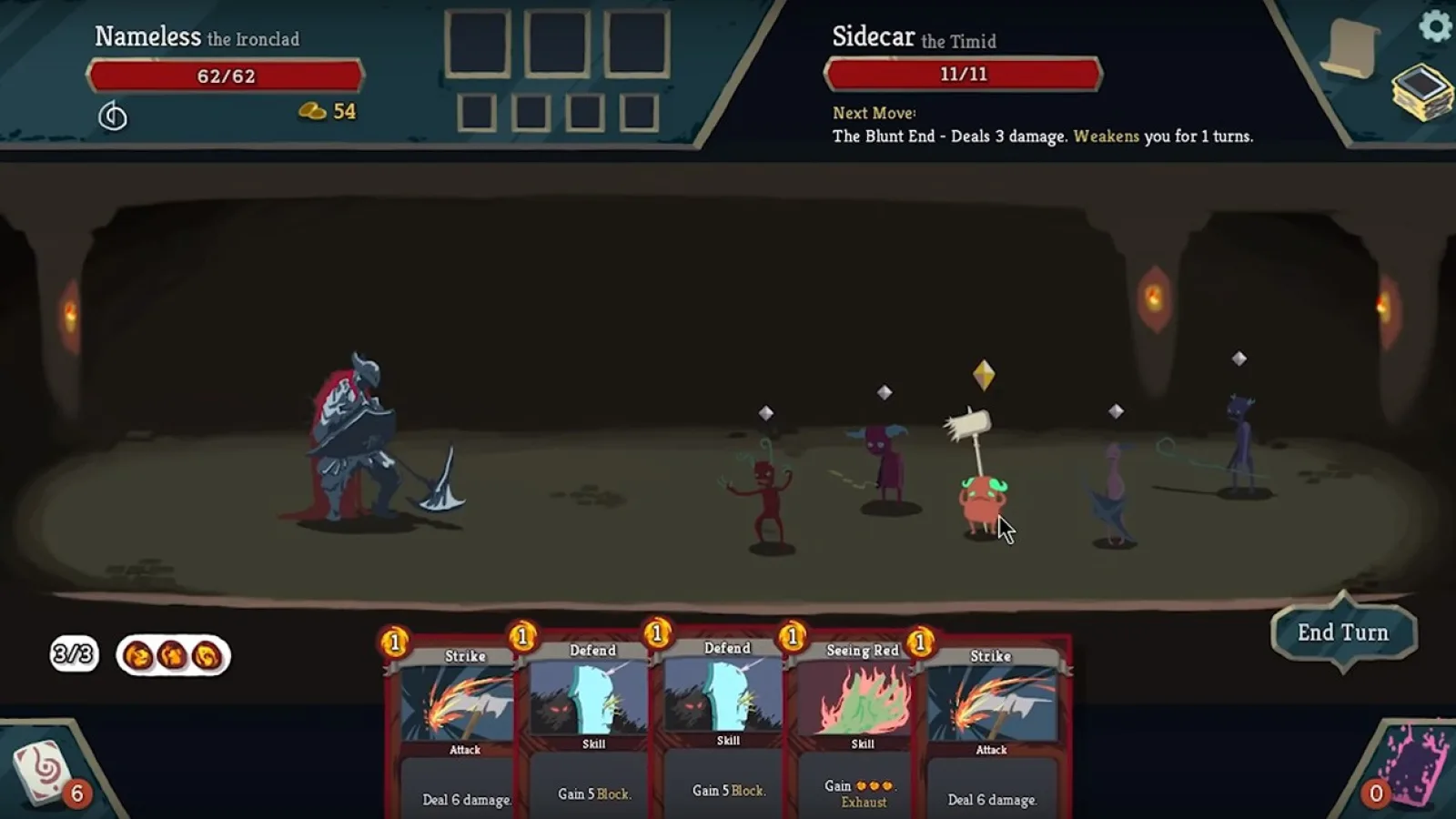 An early Slay the Spire battle interface displays an enemy's next move in a detailed text panel.