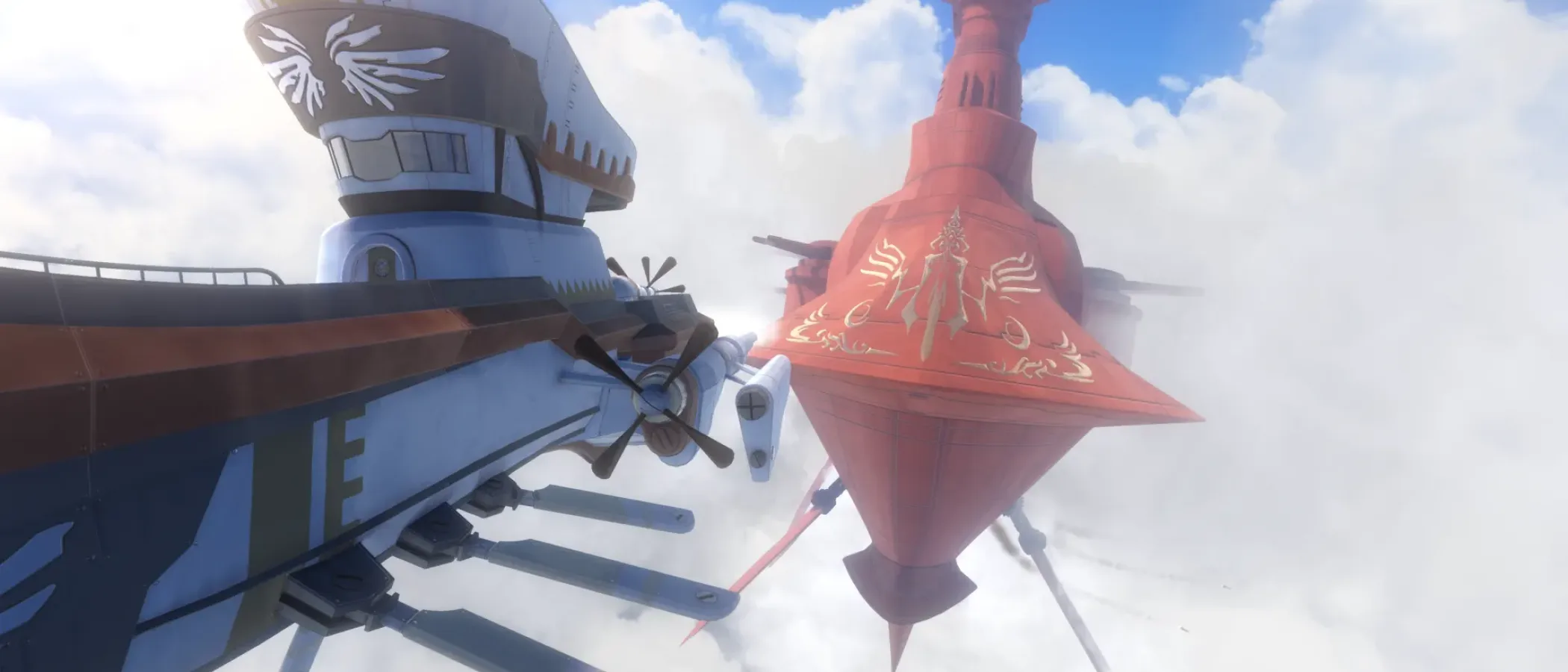 Two ornate airships fly above a layer of white clouds in Trails in the Sky 2nd Chapter.