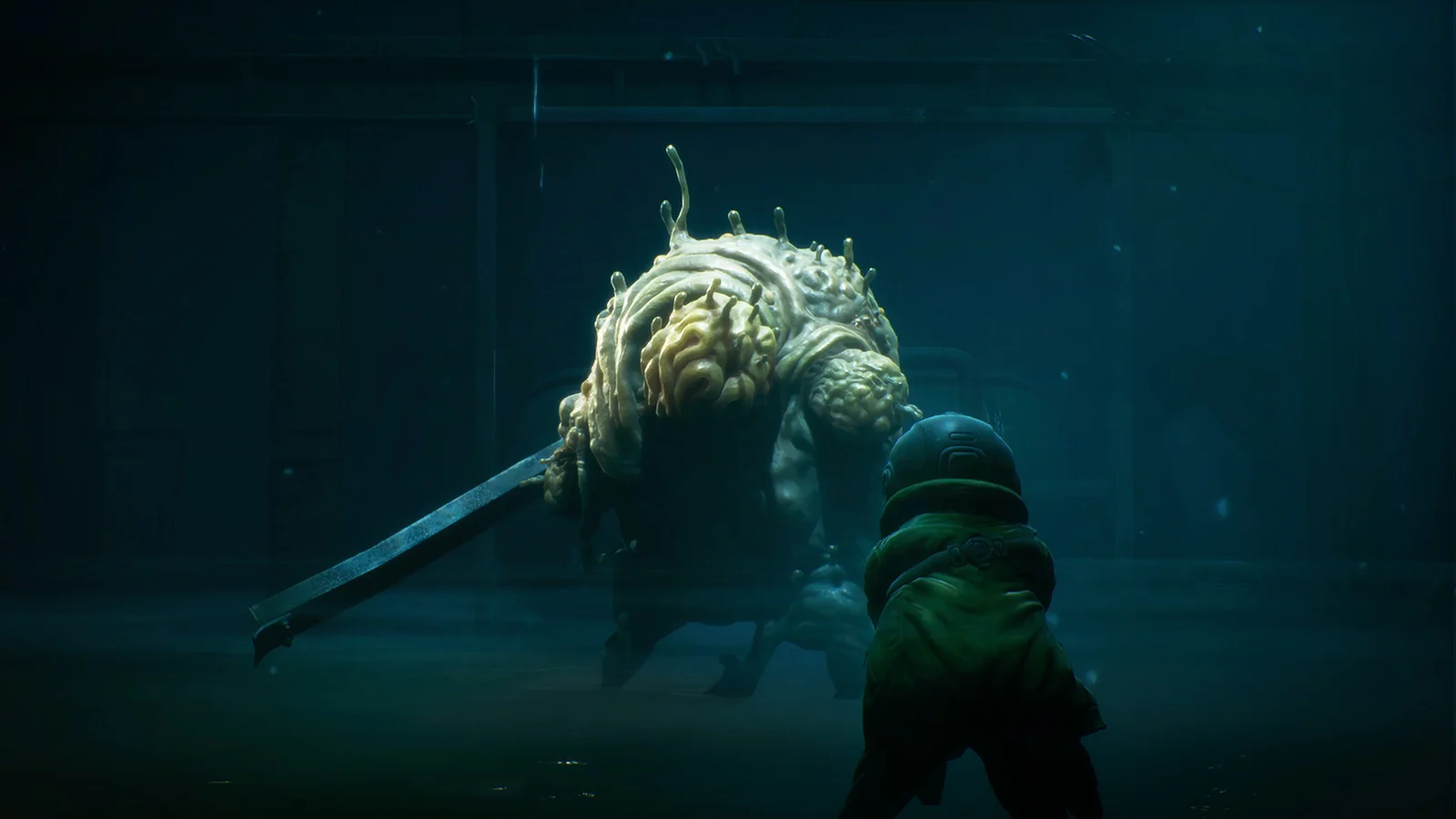 Cel faces a large pale creature carrying a long metal blade in End of Abyss.