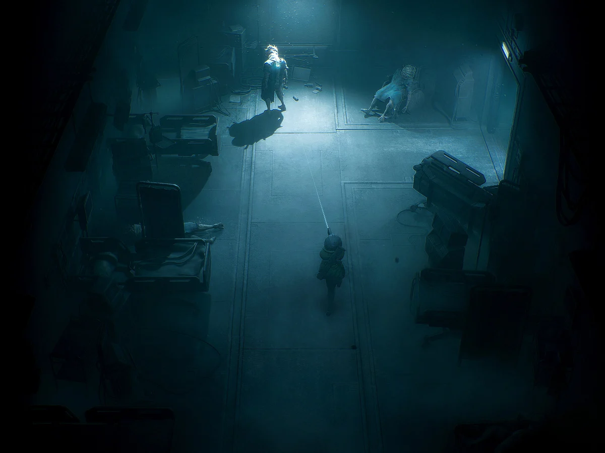 Cel aims a pistol at a hunched creature in a dark blue industrial corridor in End of Abyss.