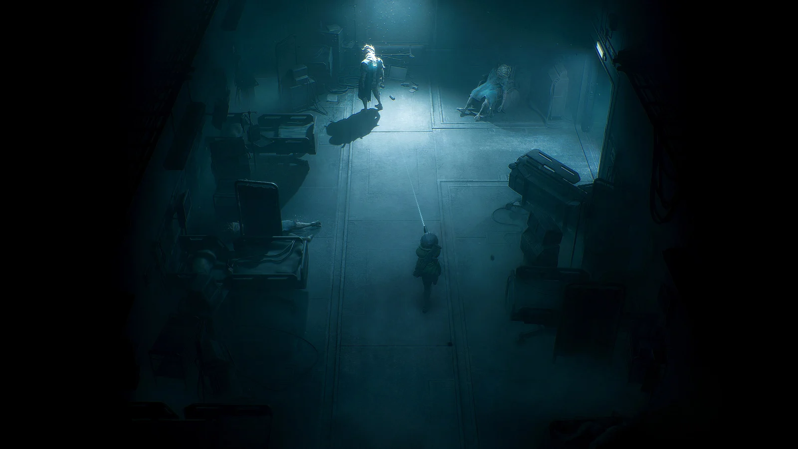 Cel aims a pistol at a hunched creature in a dark blue industrial corridor in End of Abyss.