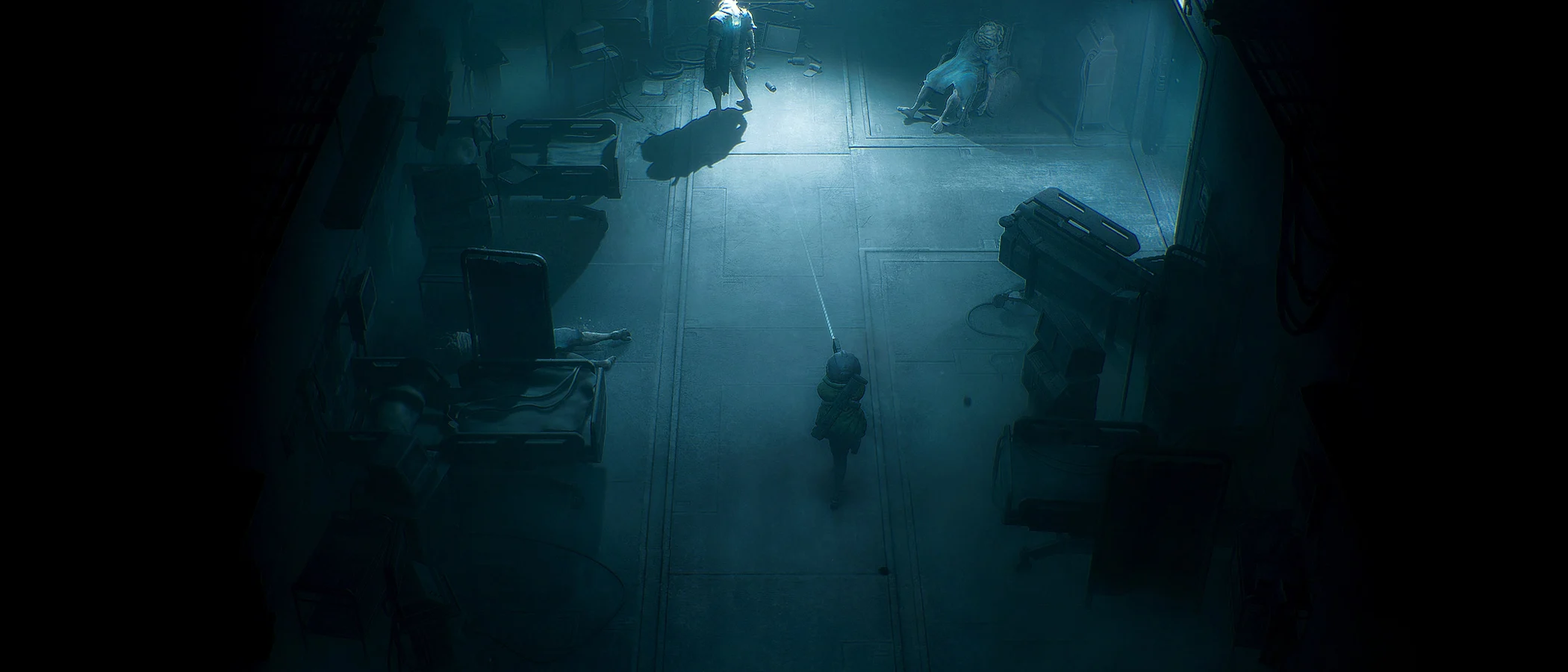 Cel aims a pistol at a hunched creature in a dark blue industrial corridor in End of Abyss.