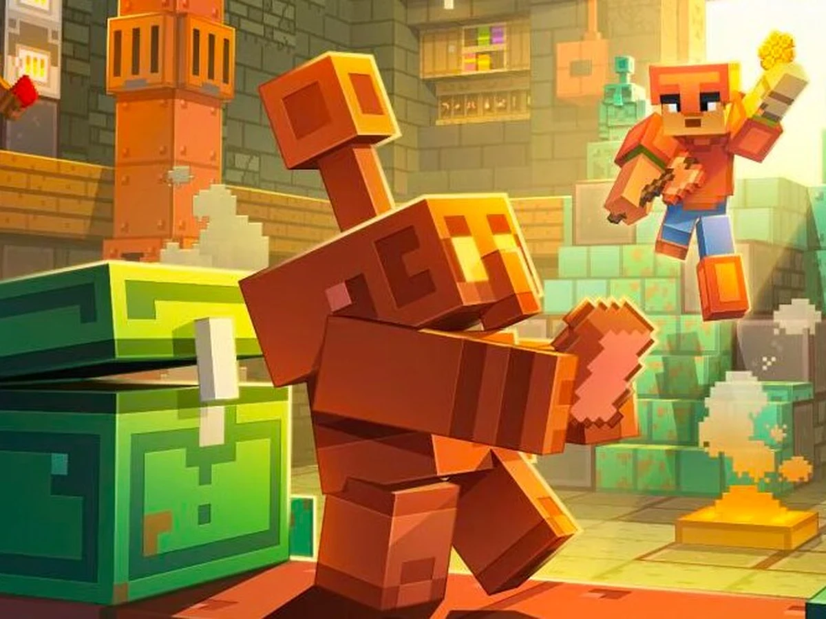A Minecraft copper golem holds an ingot beside an oxidised Copper Chest in a busy copper workshop.