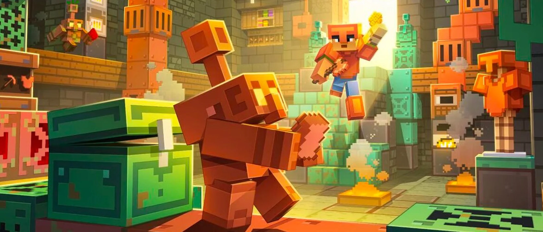 A Minecraft copper golem holds an ingot beside an oxidised Copper Chest in a busy copper workshop.