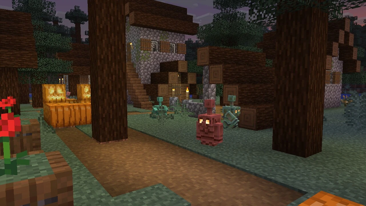 An active copper golem stands near green copper golem figures, including a statue, in a Minecraft taiga village.