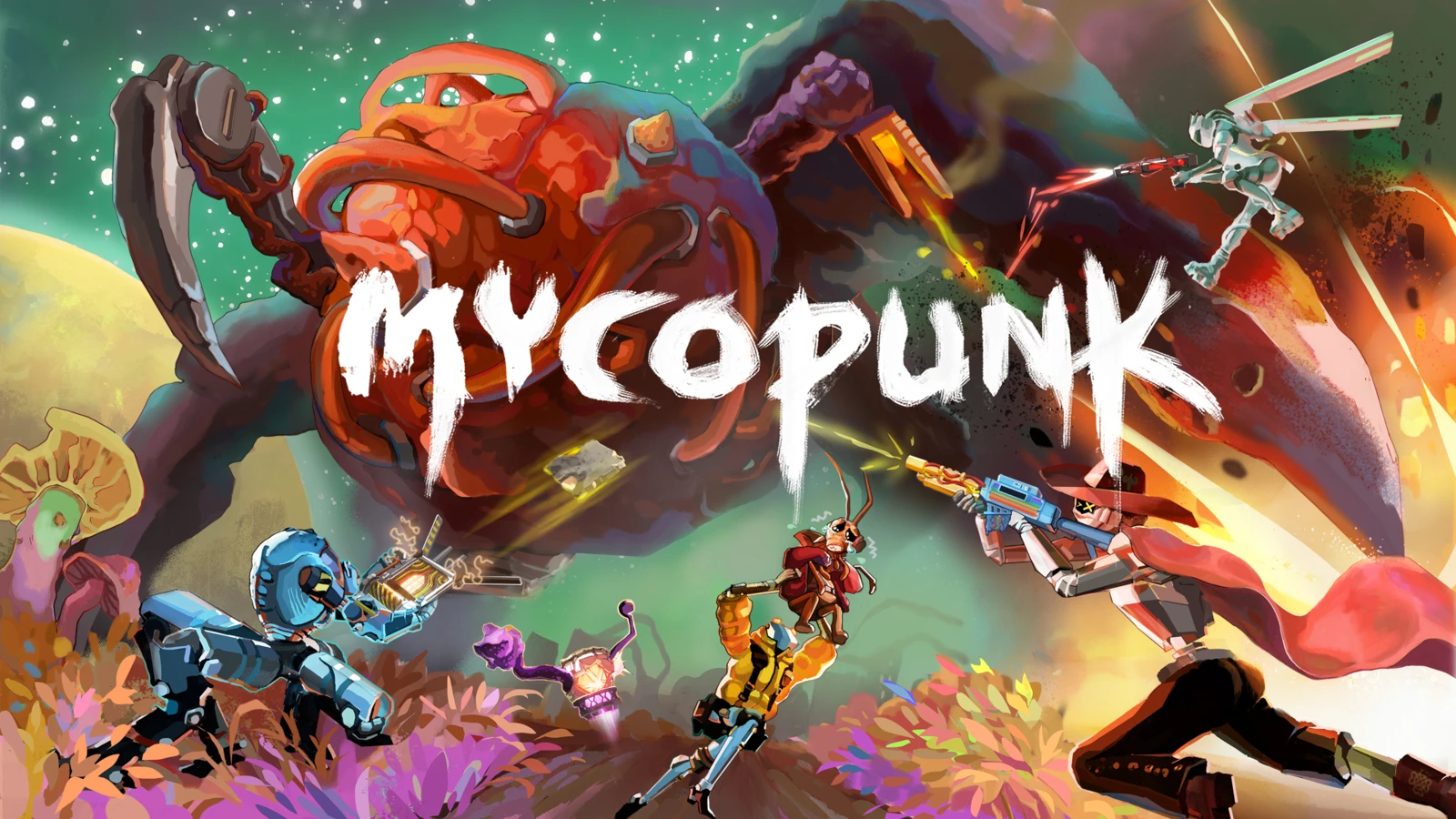 Robots and fungal enemies in colourful official Mycopunk artwork