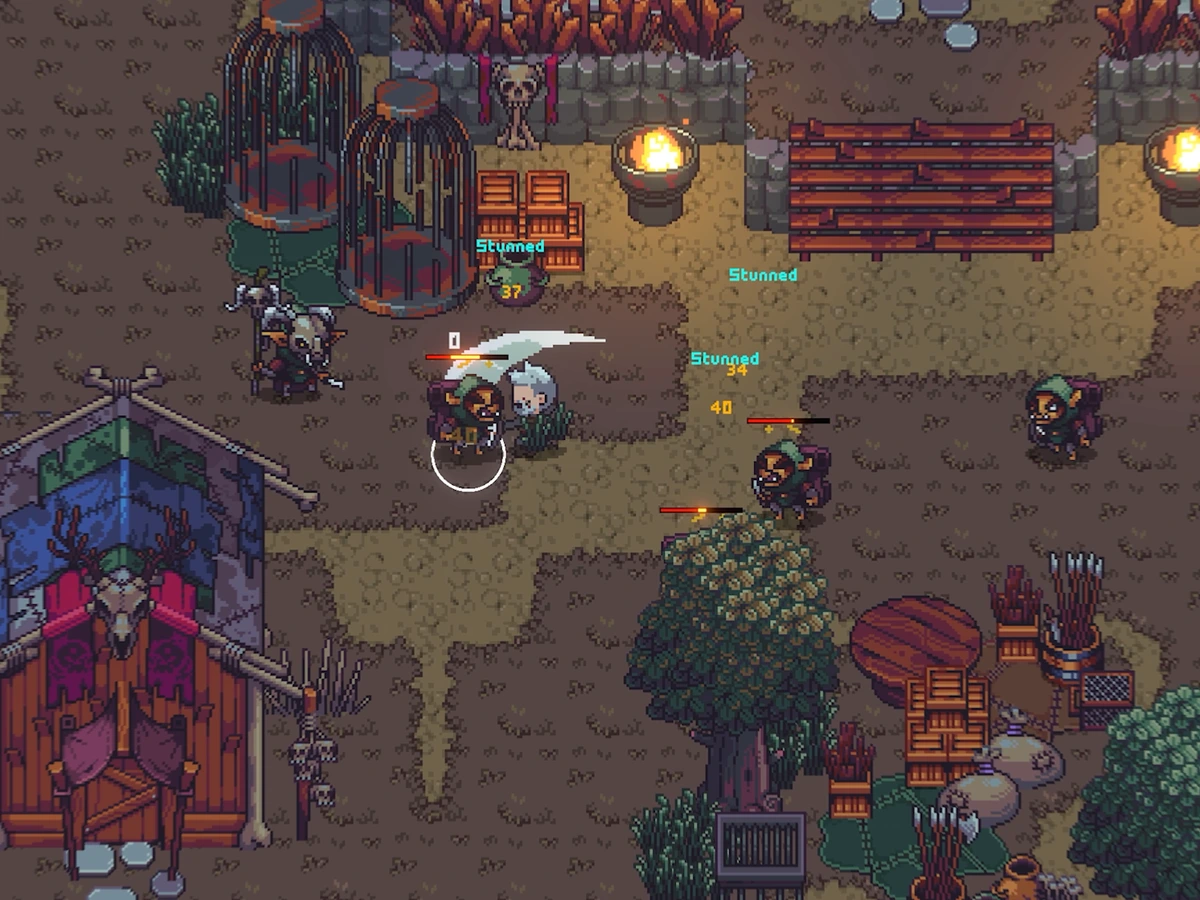 A white-haired character fights hooded enemies among market stalls in Emberville