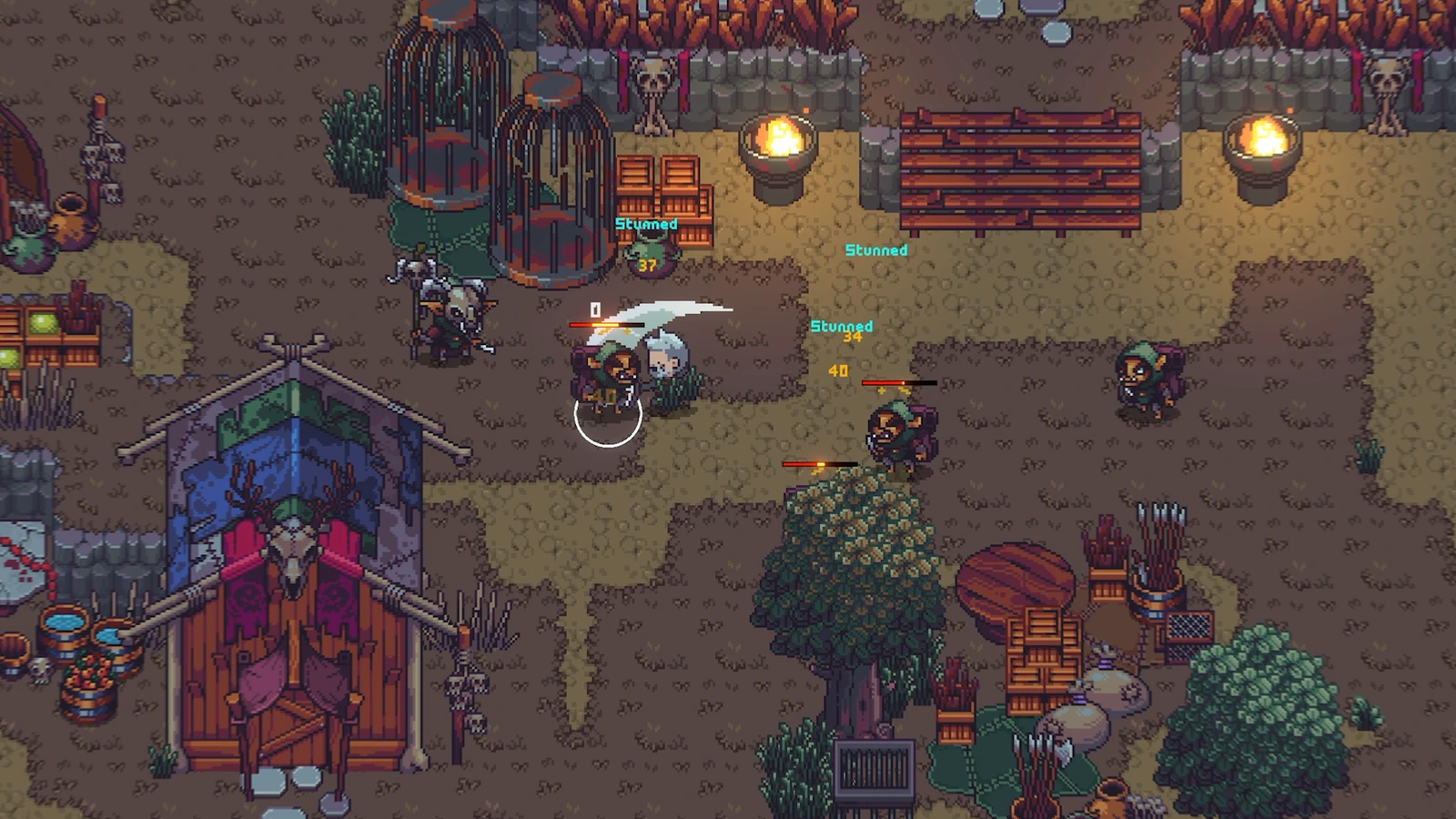 A white-haired character fights hooded enemies among market stalls in Emberville