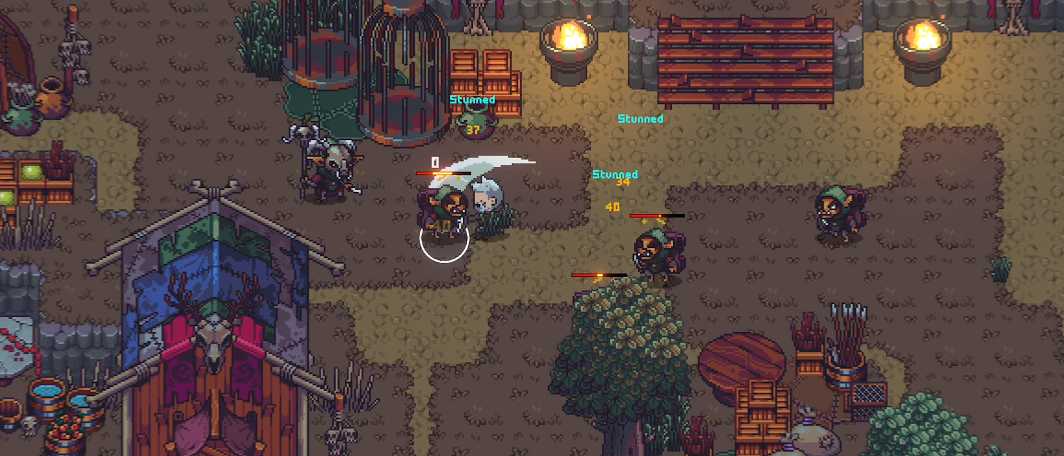 A white-haired character fights hooded enemies among market stalls in Emberville