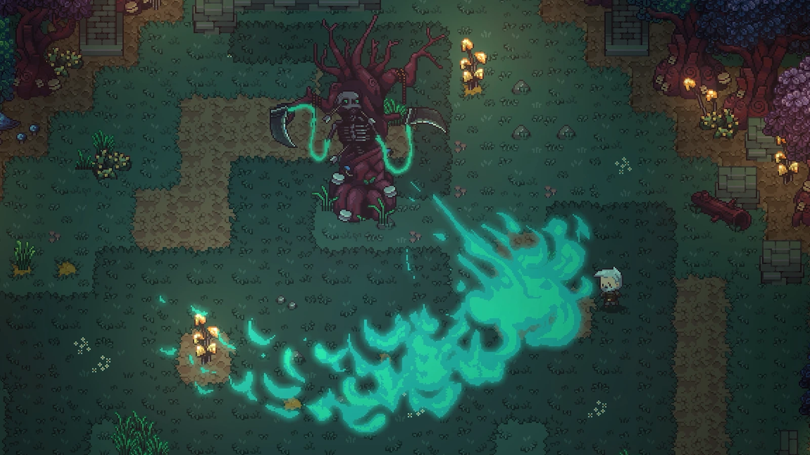 A bright green attack spreads across a clearing between a character and a large creature in Emberville