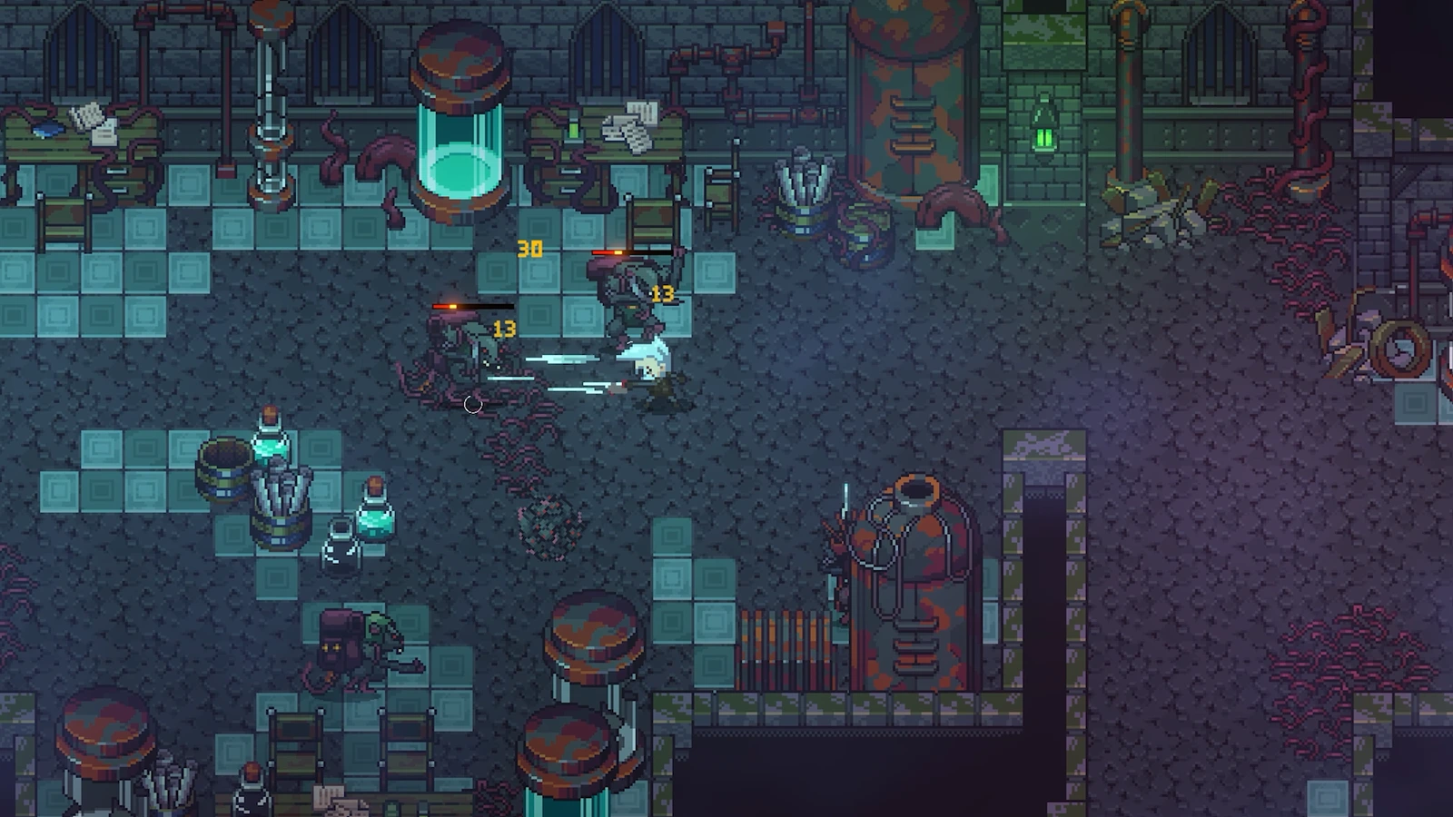 A character attacks an enemy inside a tiled laboratory in Emberville