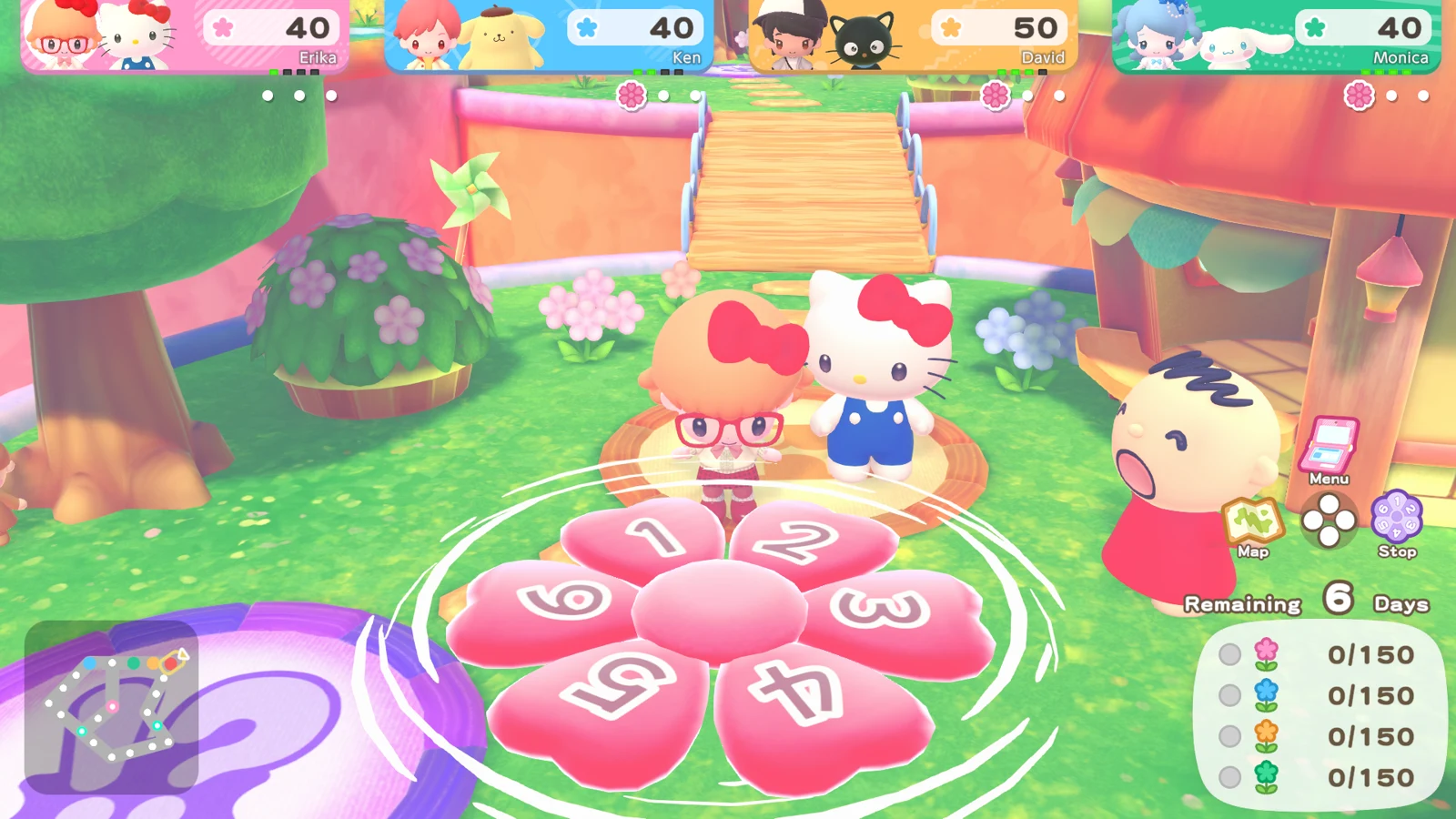 Hello Kitty and an avatar stand on a numbered flower space on a colourful board with branching paths