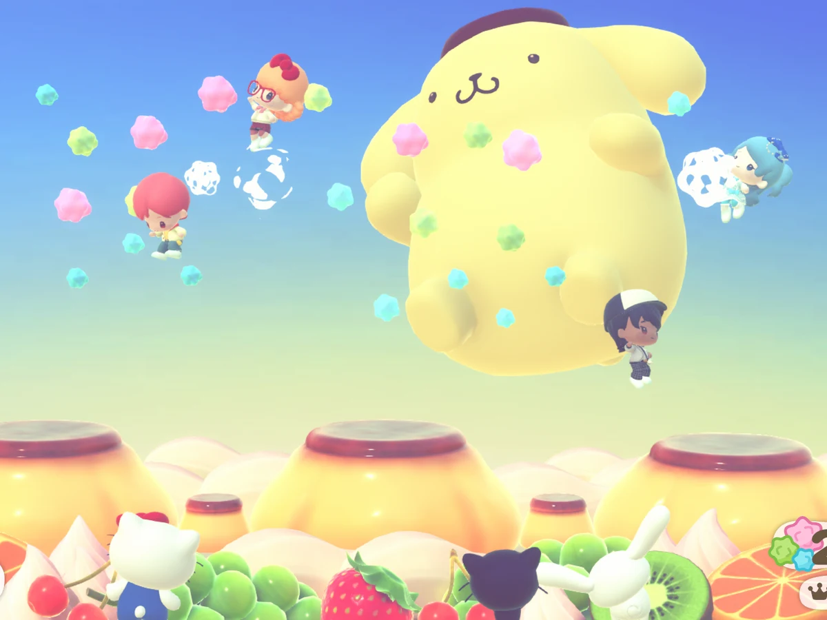 Avatars and Sanrio characters bounce around a giant Pompompurin above pudding-shaped platforms
