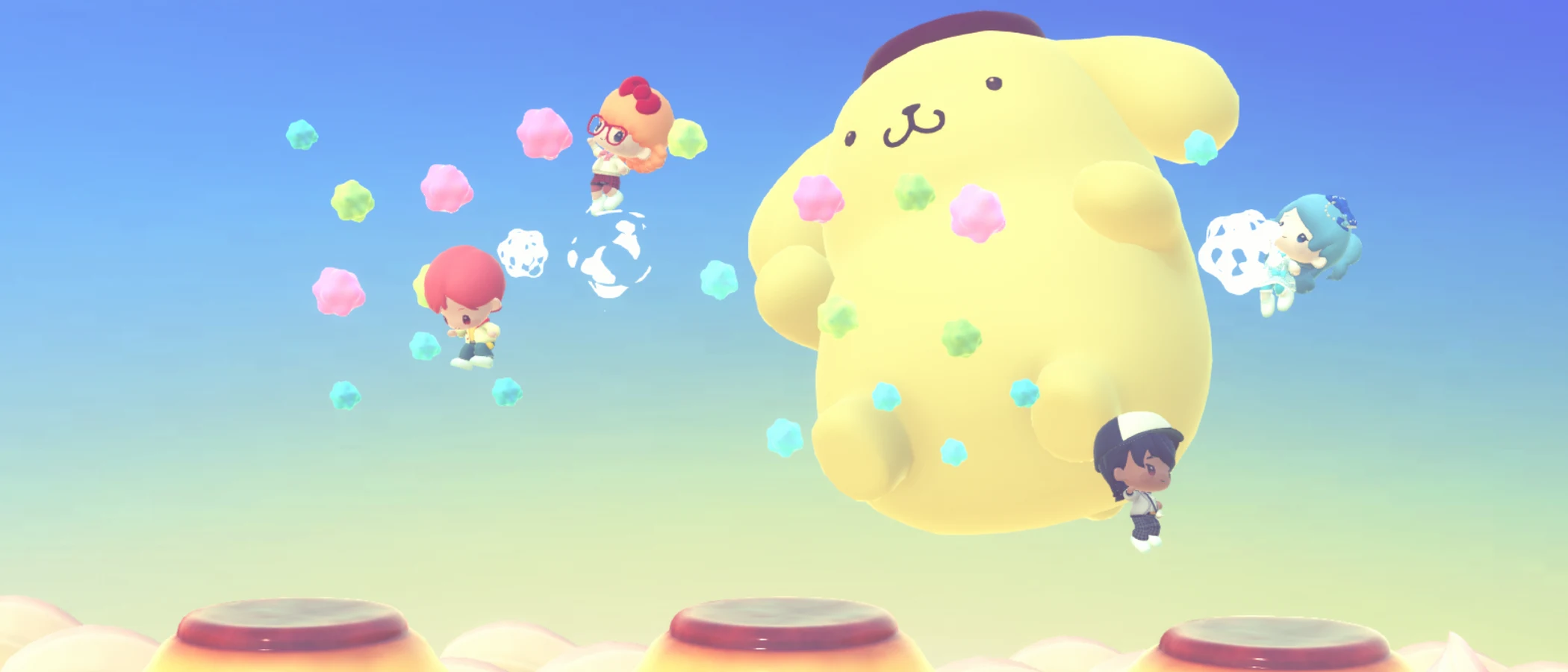 Avatars and Sanrio characters bounce around a giant Pompompurin above pudding-shaped platforms