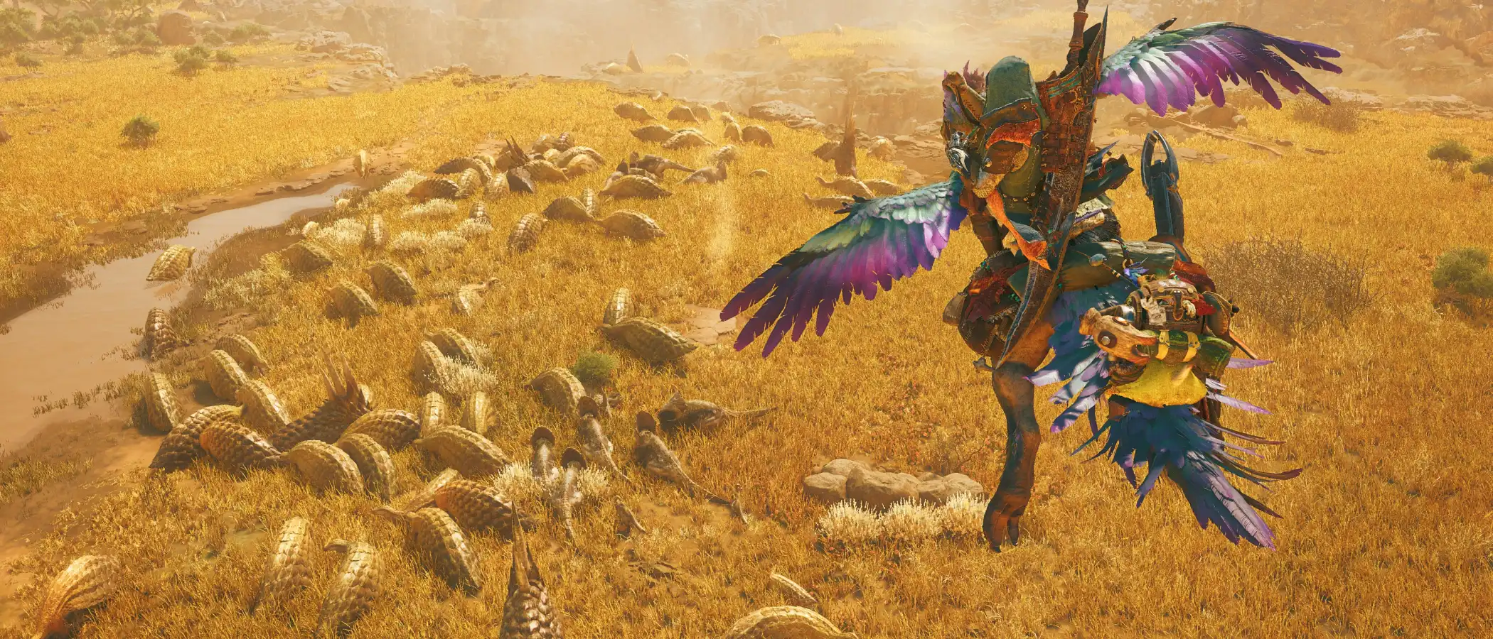 A hunter rides a Seikret through the golden Windward Plains in Monster Hunter Wilds.
