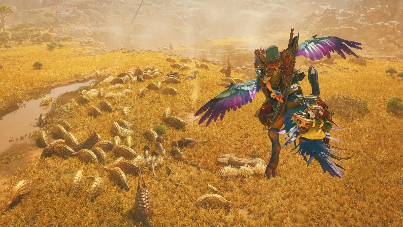 A hunter rides a Seikret beside wildlife in the Windward Plains.