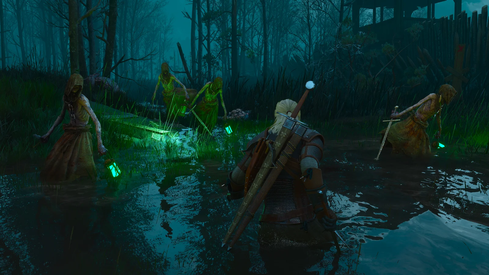 Geralt faces several humanoid enemies in shallow water with a green effect ahead of him.