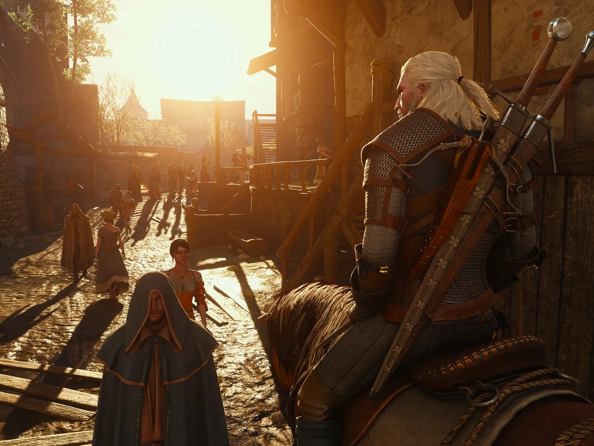 Geralt sits on Roach on a sunlit cobbled street among pedestrians.