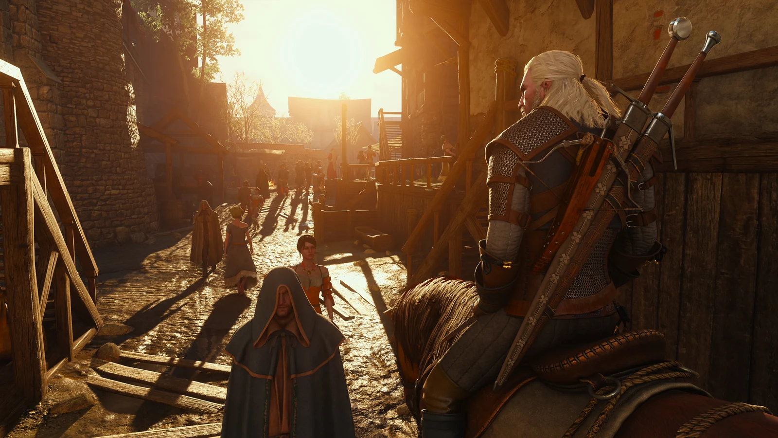 Geralt sits on Roach on a sunlit cobbled street among pedestrians.
