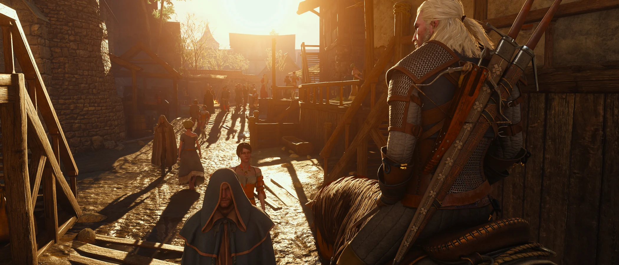 Geralt sits on Roach on a sunlit cobbled street among pedestrians.
