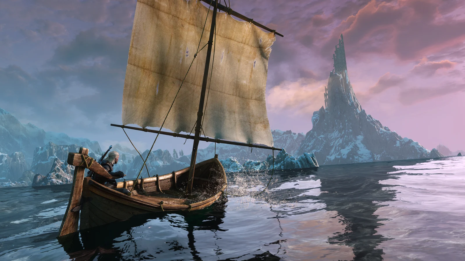 Geralt sails a small boat towards rocky islands under a pink and grey sky.