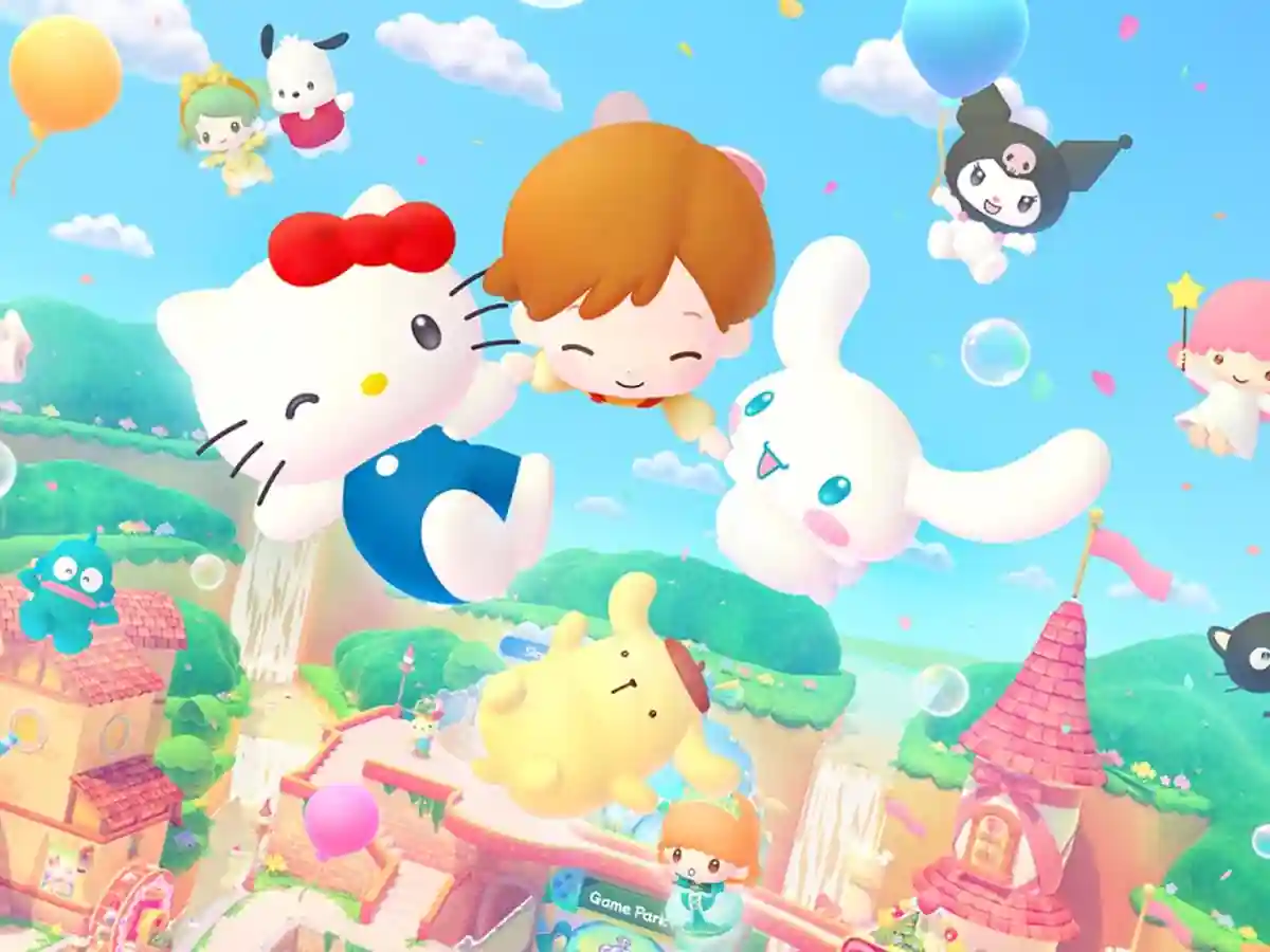 Hello Kitty and other Sanrio characters float above a colourful theme park.