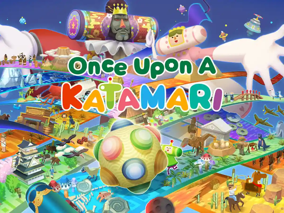 The King and Prince above colourful Katamari worlds and the game logo.