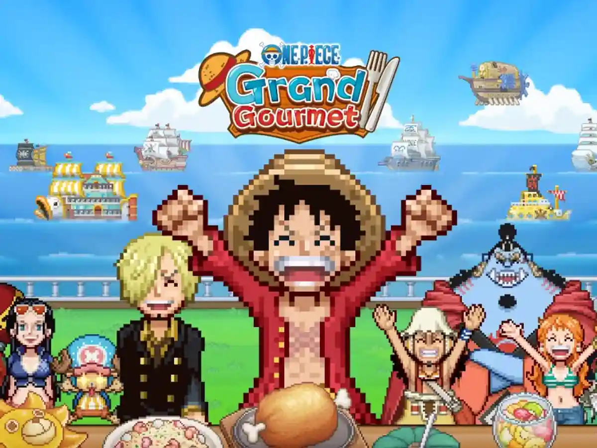 Luffy and the Straw Hat Crew gather for a meal beneath the Grand Gourmet logo.