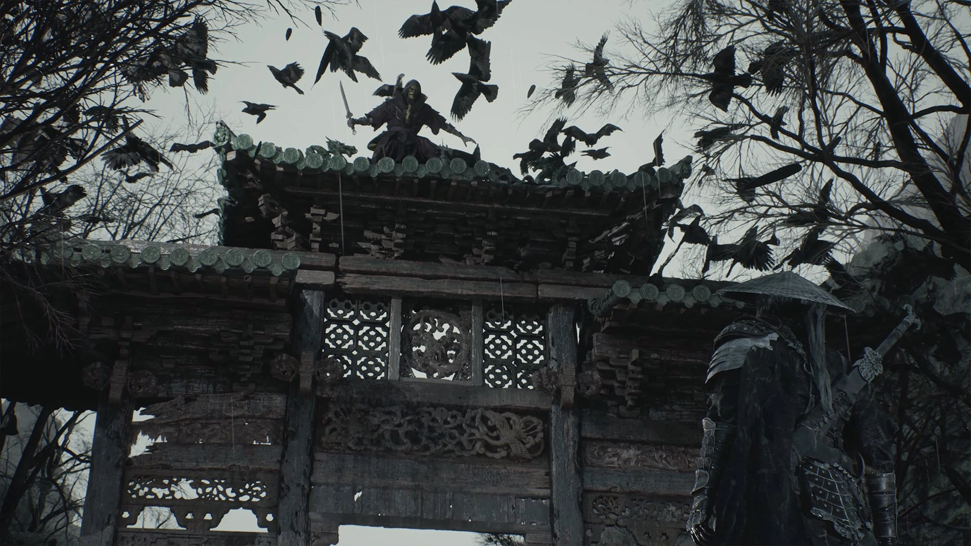 Birds wheel above a tiled stone gateway framed by bare branches.