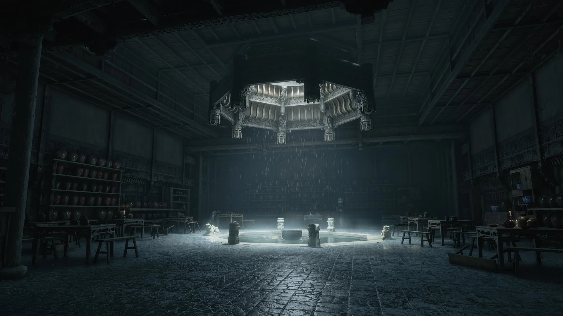 Light falls through a circular ceiling opening into a dark hall lined with shelves.