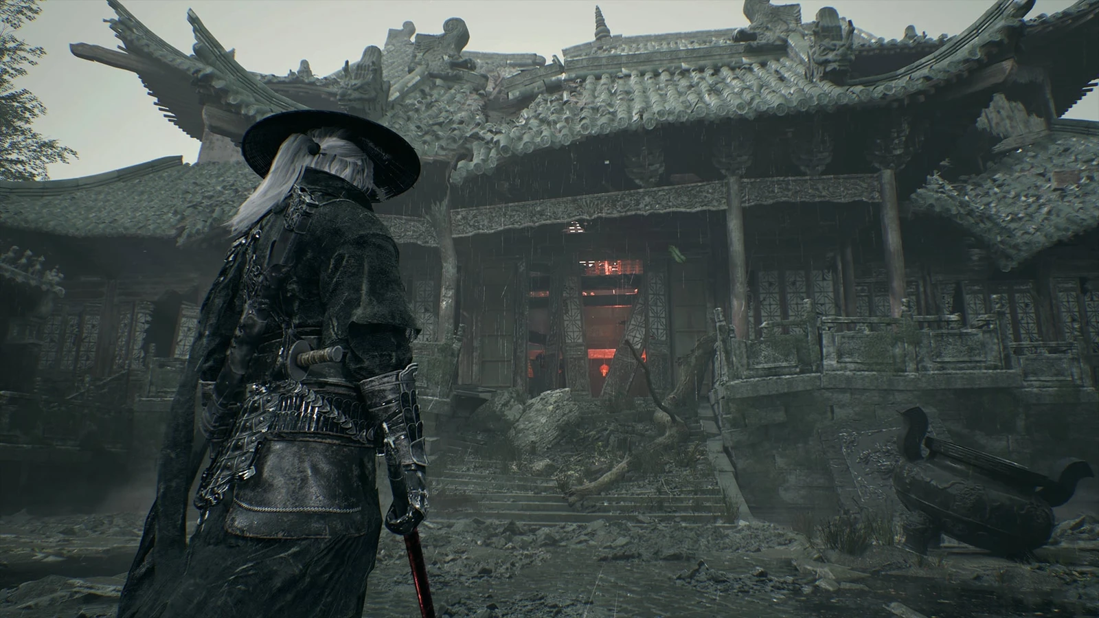 Soul stands before a weathered temple entrance beneath tiled roofs.