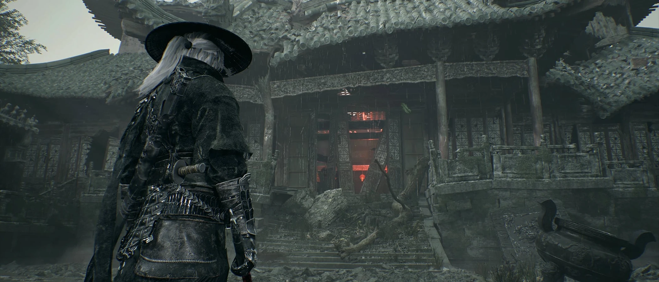 Soul stands before a weathered temple entrance beneath tiled roofs.