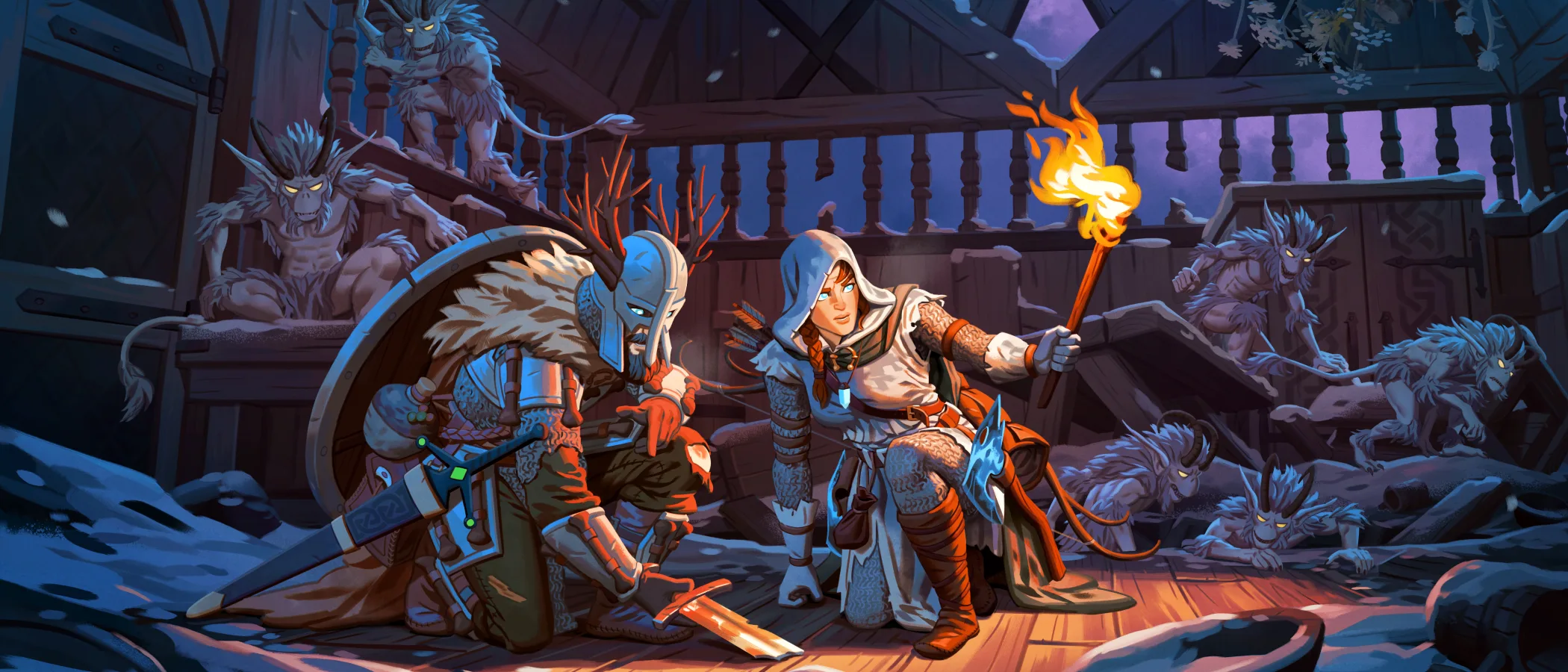 Two Valheim warriors face blue creatures in a snowy ruined hall in the Deep North.