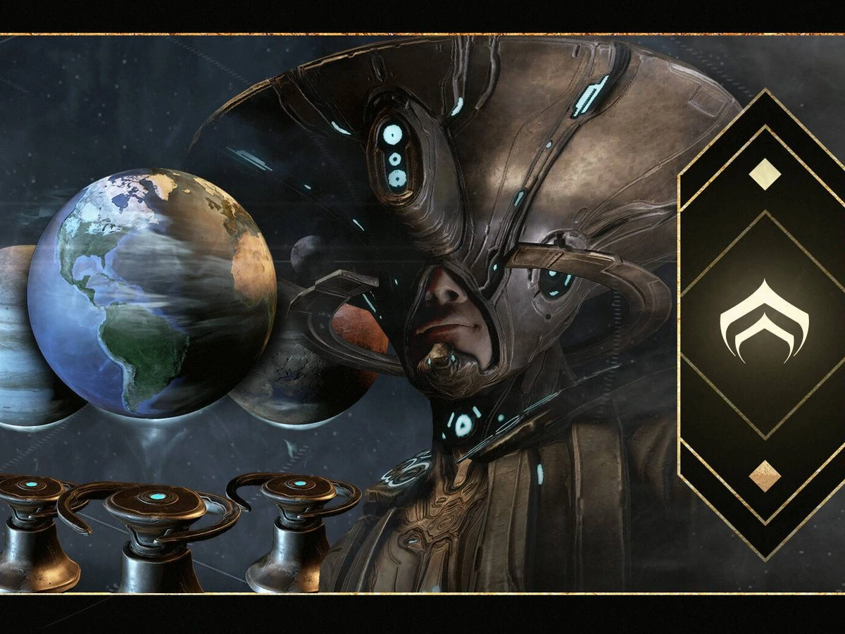 Teshin beside Earth and the Steel Path emblem in official Warframe artwork