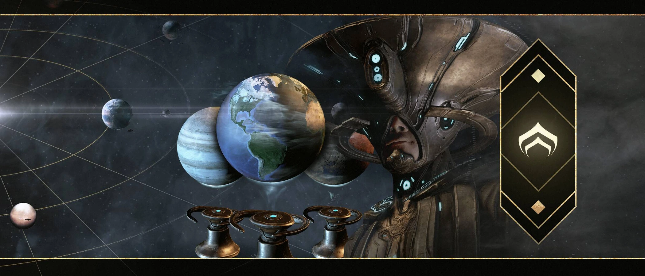 Teshin beside Earth and the Steel Path emblem in official Warframe artwork