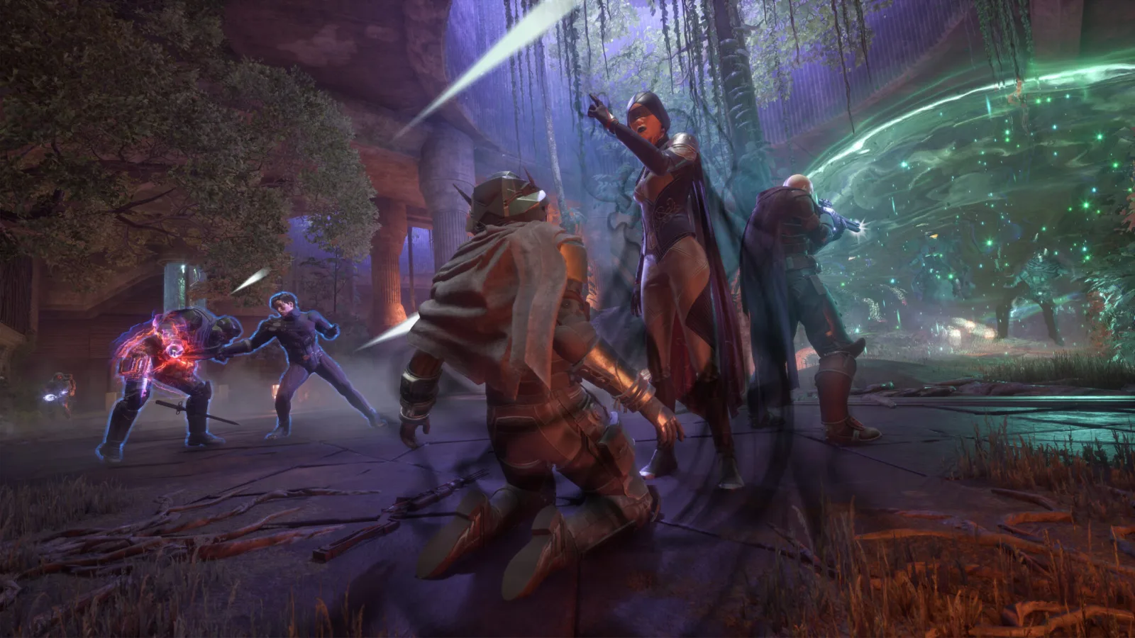 Several armed characters fight in a lit interior space in Dune: Awakening.