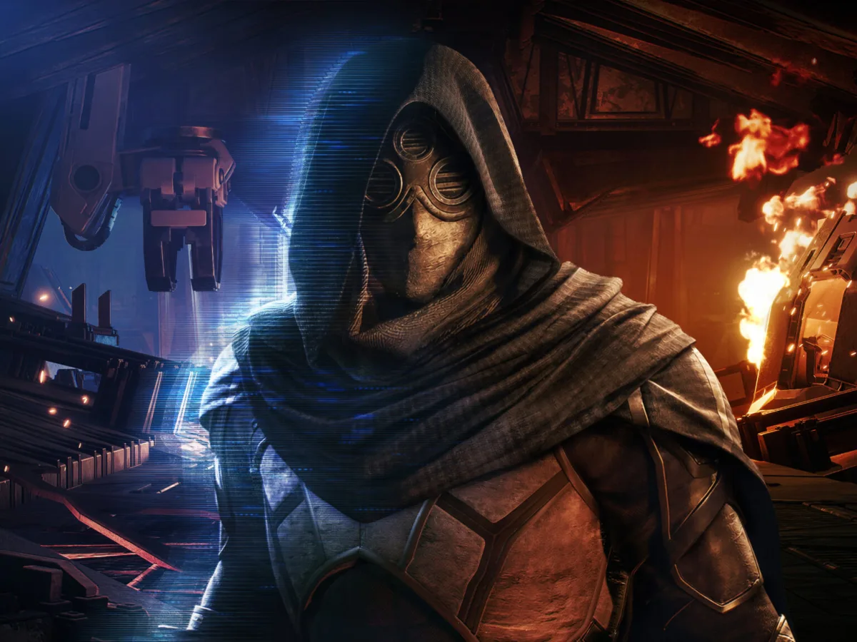 A hooded figure in a breathing mask stands against blue and orange light in Dune: Awakening artwork.