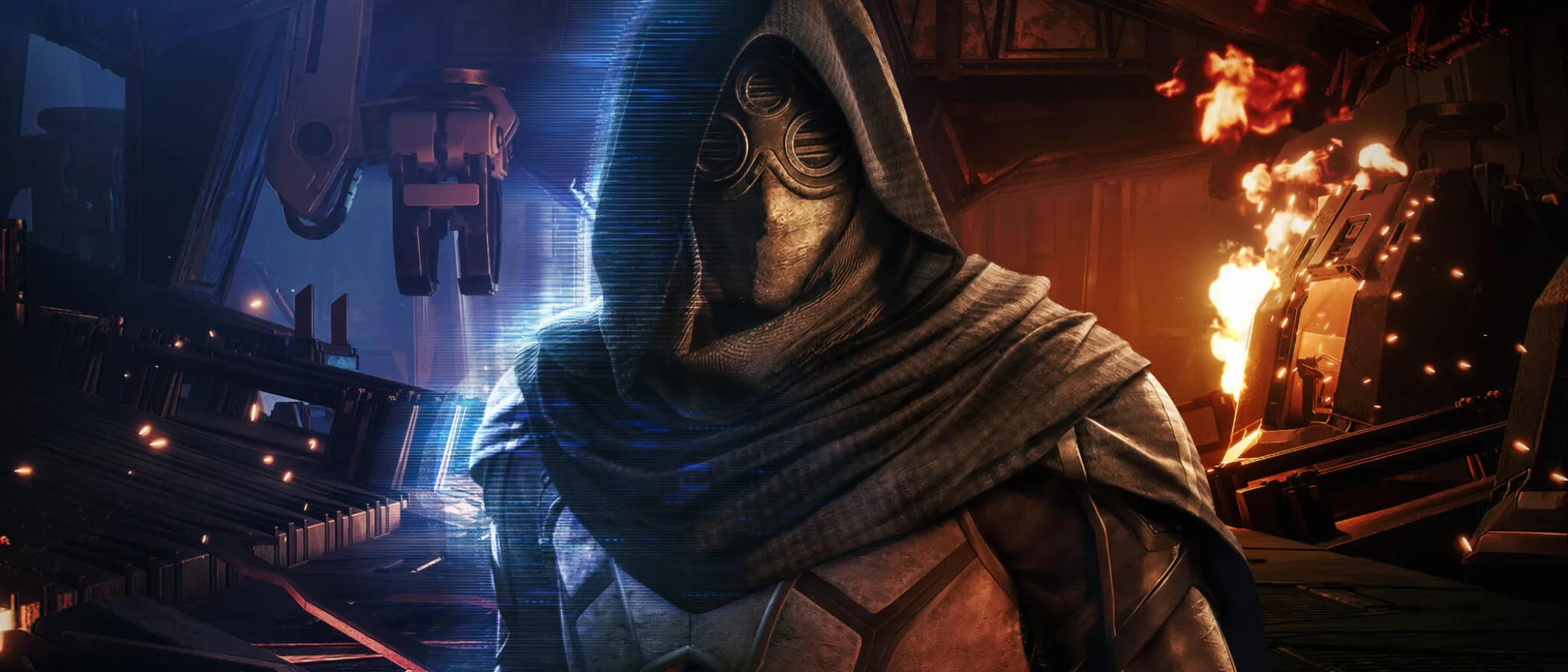A hooded figure in a breathing mask stands against blue and orange light in Dune: Awakening artwork.