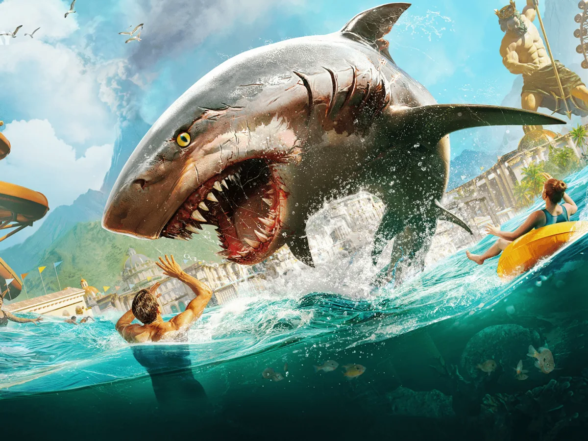 A bull shark breaks the surface in front of a resort island in Maneater 2.