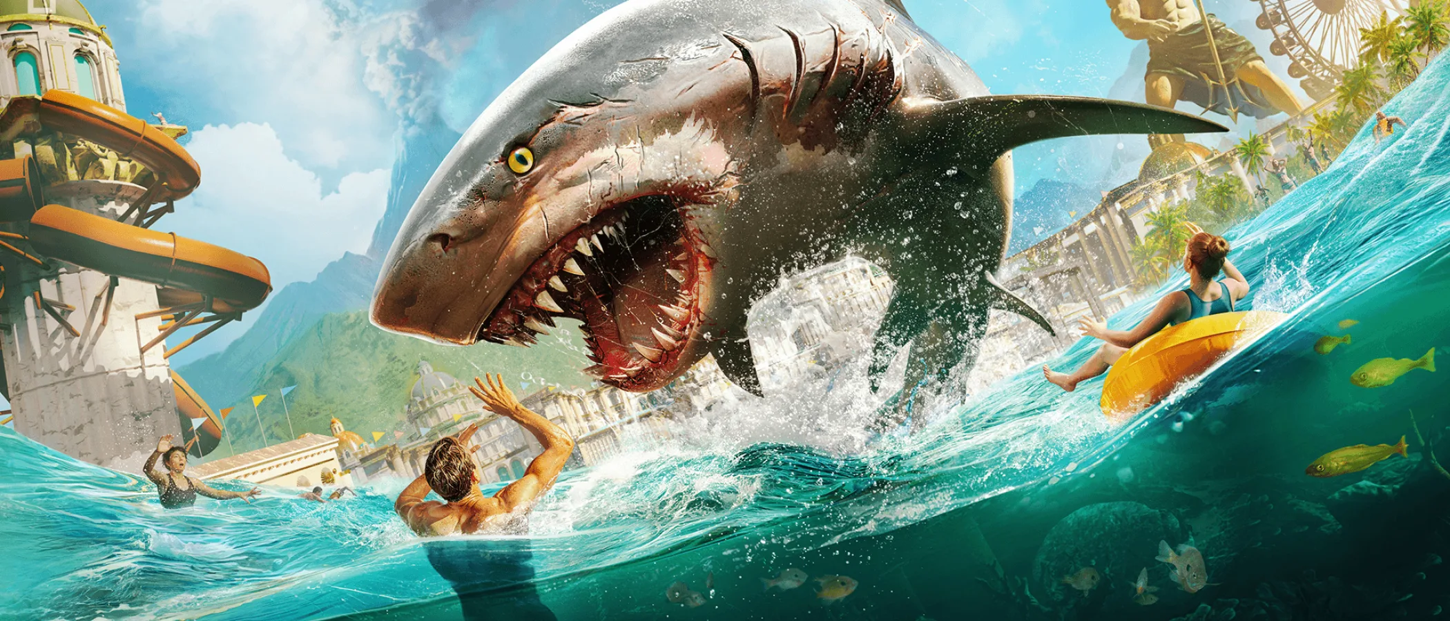 A bull shark breaks the surface in front of a resort island in Maneater 2.
