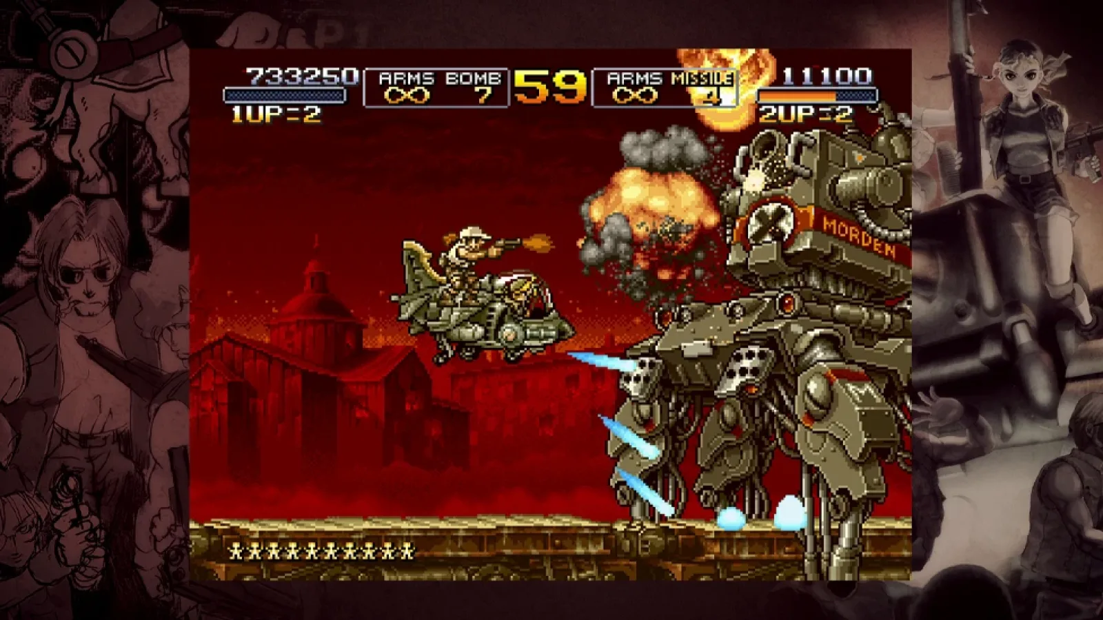A Metal Slug arcade scene shows a small vehicle fighting a huge enemy machine against a red sky.